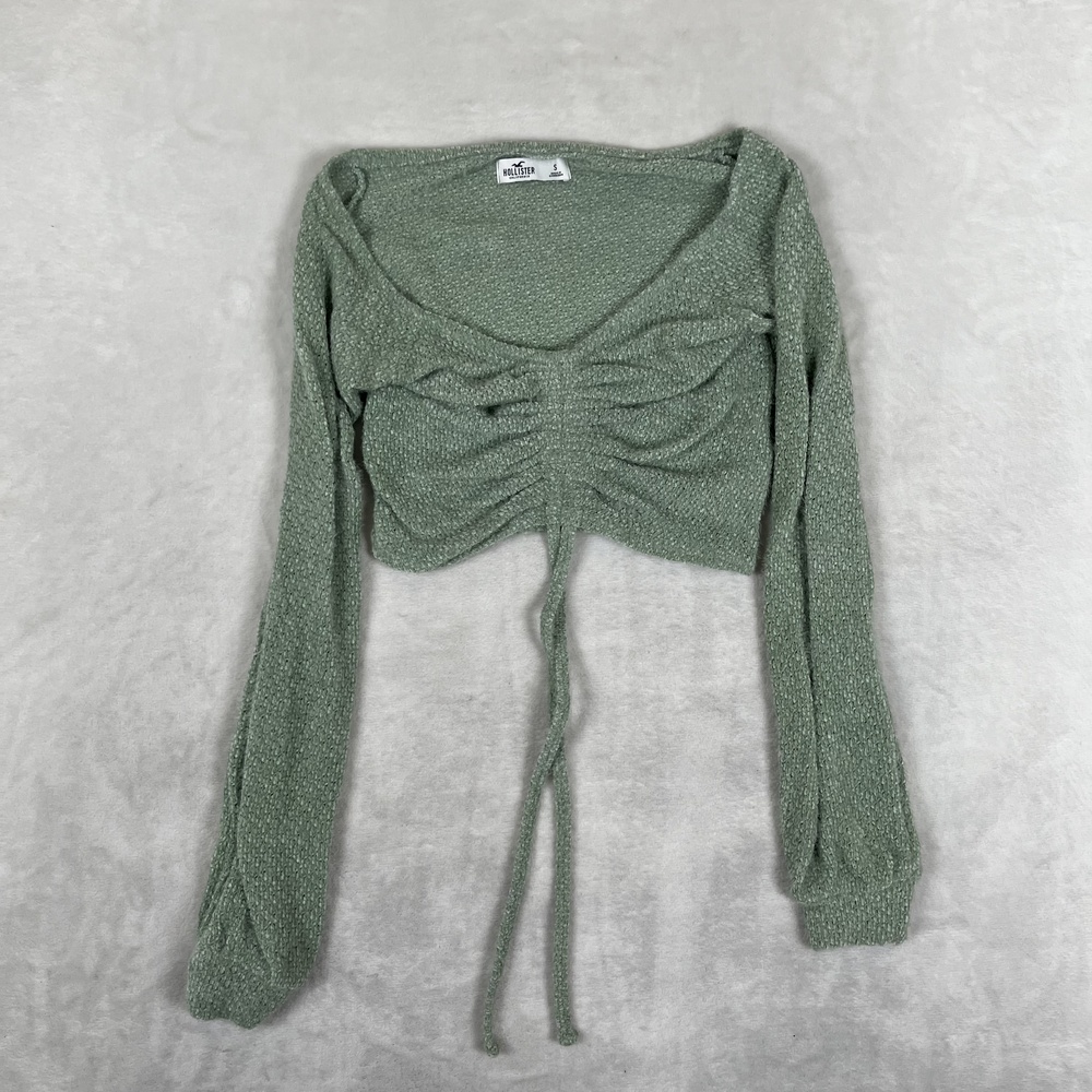 Hollister Sweater Womens Small Green Ruched Tie Front Crop Pullover Long Sleeve